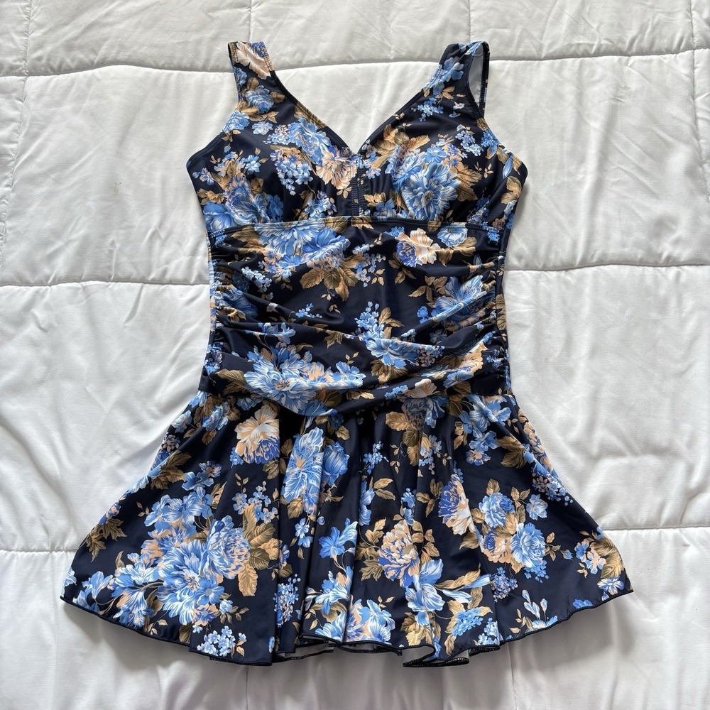 One Piece Swimsuit Womens Large Beach‎ Floral Blue Feminine Whimsy Summer Padded